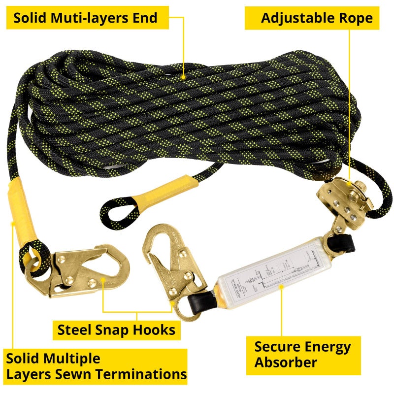 TT TRSMIMA TRSMIMA Rope Harness Safety Lanyard:25ft Vertical Roofing Rope With Grab Snap Hooks Shock Absorber - Fall Protection Tree Climbing Line Kit Heavy Duty Roof Safety Equipment ANSI CE - Image 2